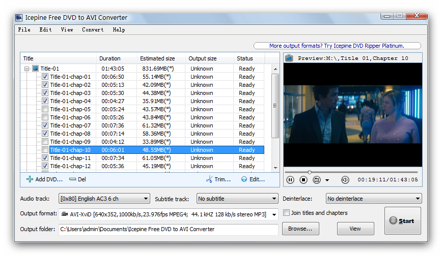 Icepine Free DVD to AVI Converter. Click to see the full-size image.